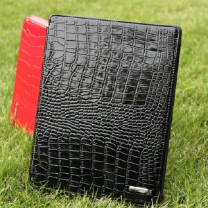 iPad 2 Cowhide Genuine Leather Crocodile Case Smart Cover Black color