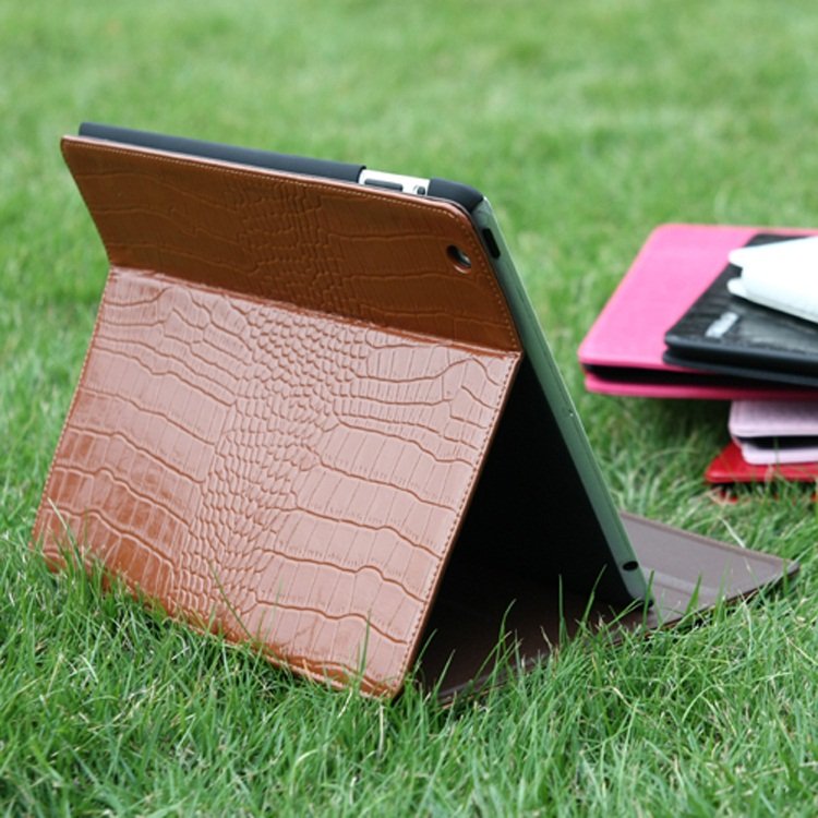 iPad 2 Cowhide Genuine Leather Crocodile Case Smart Cover Brown color