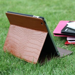 iPad 2 Cowhide Genuine Leather Crocodile Case Smart Cover Brown color