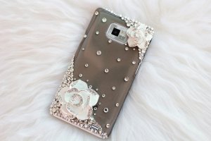 SAMSUNG GALAXY S 2 i9100 3D Flower crystal stone case cover White Flower Clear Black Case