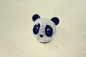 Panda Style black and silver with crystal stone ring