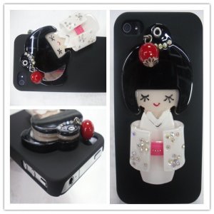 3D BLING Crystal Iphone hard case 4gs 4s japan doll white doll Black Case