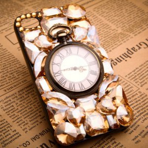 iphone 4/4s/5 case vintage pocket watch crystal stone case - Brown
