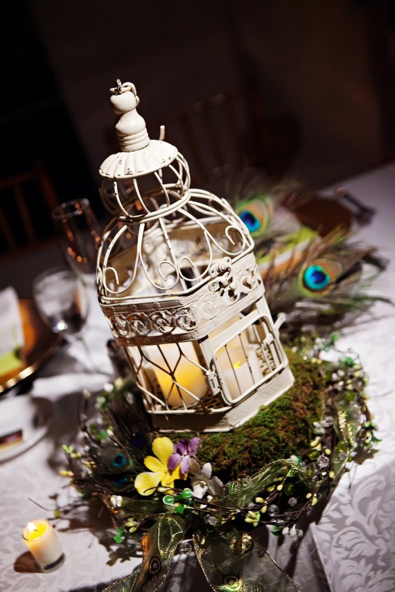 Birdcage Centerpiece with Peacock Feathers