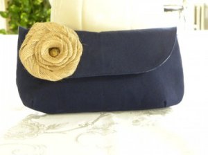 Clutch Bag, The Audrey Clutch in Trend Setting Dark Navy Blue and Neutral Flower Detailing