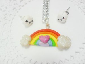 Handcrafted Polymer Clay Kawaii Rainbow Necklace & Earring Set