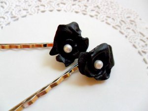 Handcrafted Shimmering Black Rose Polymer Clay Bobby Pins (Adult)