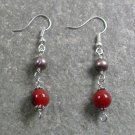 RED AGATE & FRESH WATER PEARL STERLING SILVER EARRINGS