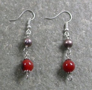 RED AGATE & FRESH WATER PEARL STERLING SILVER EARRINGS
