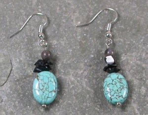GREEN TURQUOISE & SNOWFAKE OBSIDIAN STERLING SILVER EARRINGS