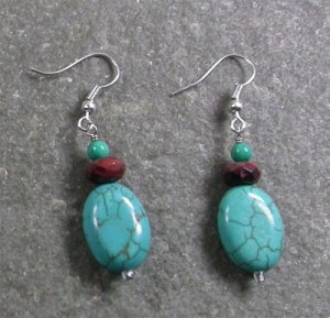 GREEN TURQUOISE & SNOWFAKE OBSIDIAN STERLING SILVER EARRINGS