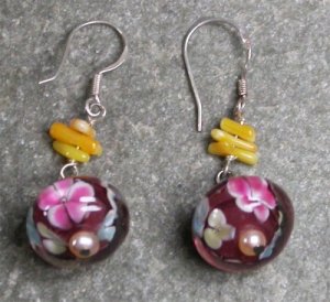 Coral Lampwork Pearl Sterling Silver Earrings