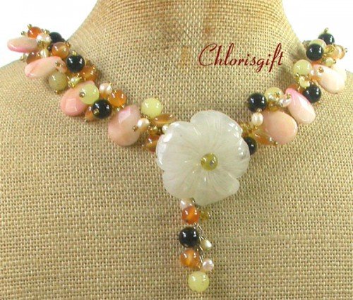 YELLOW JADE FLOWER FOSSIL AGATE CRYSTAL NECKLACE