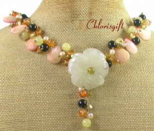 YELLOW JADE FLOWER FOSSIL AGATE CRYSTAL NECKLACE