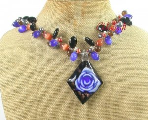 FLOWER LAMPWORK AGATE CAT EYE PEARLS NECKLACE