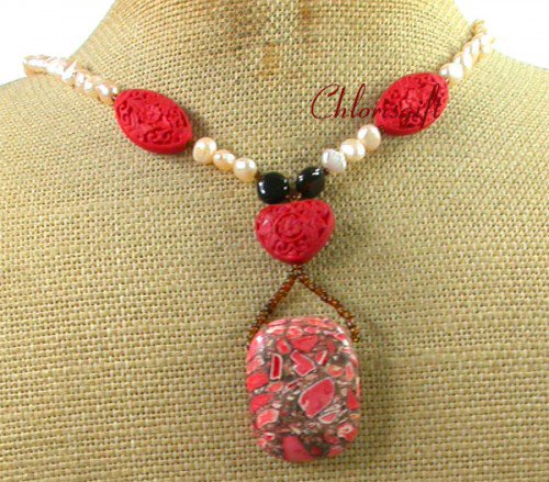RED TURQUOISE CINNABAR PEARLS NECKLACE