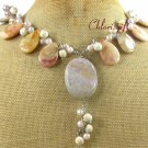 FOSSIL AGATE WHITE TURQUOISE PEARLS NECKLACE