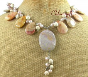 FOSSIL AGATE WHITE TURQUOISE PEARLS NECKLACE