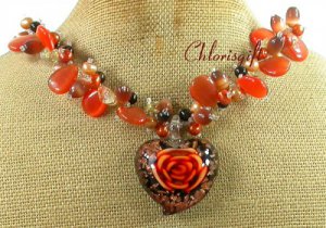 FLOWER LAMPWORK CAT EYE QUARTZ PEARLS NECKLACE