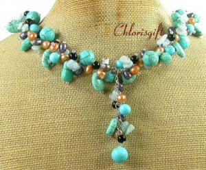 TURQUOISE BLUE JADE BLACK AGATE PEARLS NECKLACE