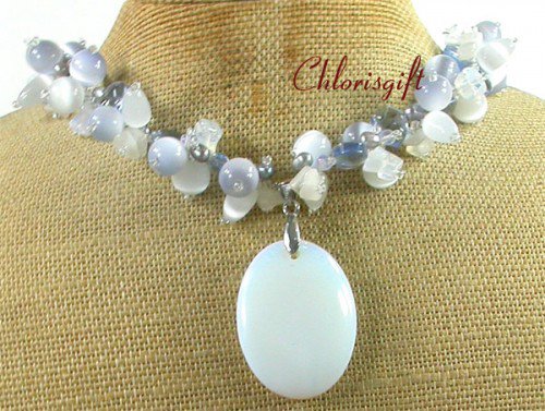 OPALITE & WHITE JADE & CAT EYE & CRYSTAL NECKLACE