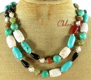 LONG! 40 TURQUOISE BLACK AGATE STRIPE JADE NECKLACE