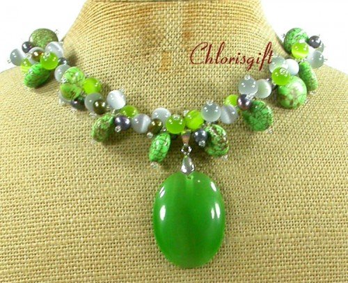 GREEN CAT EYE TURQUOISE FW PEARL NECKLACE