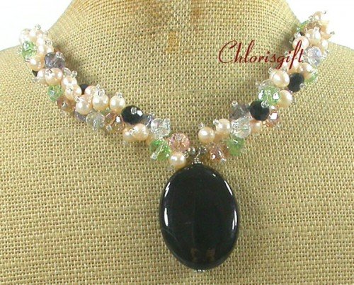 BLACK AGATE & MULTI CRYSTAL & FW PEARL NECKLACE