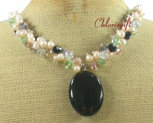 BLACK AGATE & MULTI CRYSTAL & FW PEARL NECKLACE