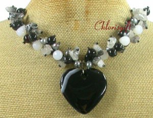 BLACK BOTSWANA AGATE QUARTZ CRYSTAL PEARL NECKLACE