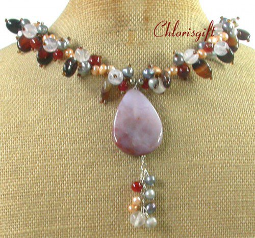 SAGE PLUME AGATE & RED AGATE & QUARTZ & PEARLS NECKLACE