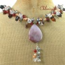 SAGE PLUME AGATE & RED AGATE & QUARTZ & PEARLS NECKLACE