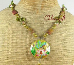 FLOWER CLOISONNE MUGER JASPER CRYSTAL PEARLS NECKLACE