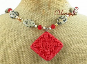 RED CINNABAR & DALMATIAN JASPER & CRYSTAL NECKLACE