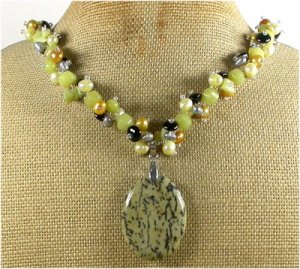 SESAME JASPER OLIVE JADE BLACK AGATE PEARLS NECKLACE
