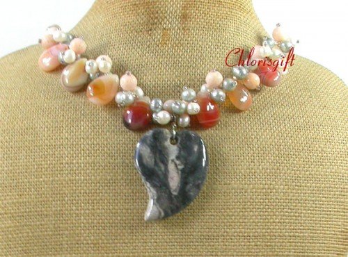 CRAZY AGATE LACE AGATE SALMON CORAL PEARLS NECKLACE