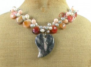 CRAZY AGATE LACE AGATE SALMON CORAL PEARLS NECKLACE