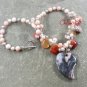 CRAZY AGATE LACE AGATE SALMON CORAL PEARLS NECKLACE