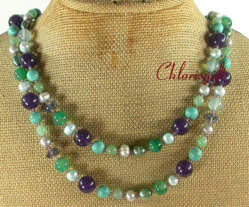 LONG! 40 TURQUOISE GREEN AGATE PURPLE JADE NECKLACE