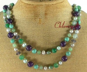 LONG! 40 TURQUOISE GREEN AGATE PURPLE JADE NECKLACE