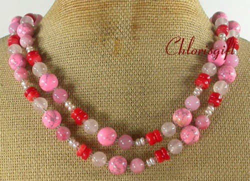 LONG! 40 PINK TURQUOISE ROSE QUARTZ RED CORAL NECKLACE