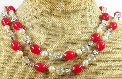 LONG! 40 RED JADE & CLEAR CRYSTAL & FW PEARL NECKLACE