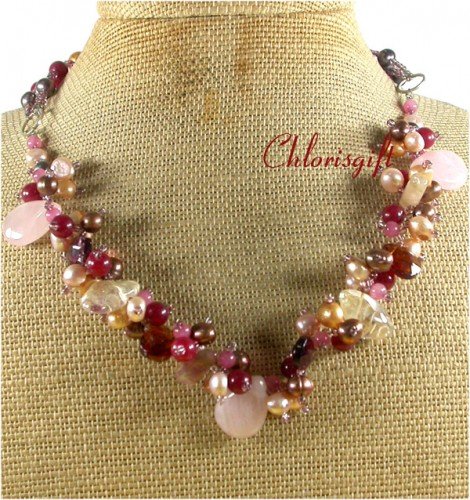 ROSE QUARTZ RED PINK JADE FW PEARLS NECKLACE