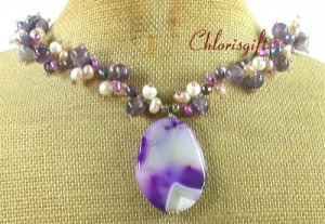 PURPLE LACE AGATE & FLUORITE & FW PEARL NECKLACE