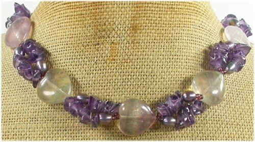 FLUORITE & PURPLE QUARTZ & FW PEARL NECKLACE