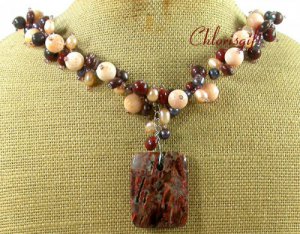BACCIATED JASPER & SALMON CORAL & FW PEARL NECKLACE