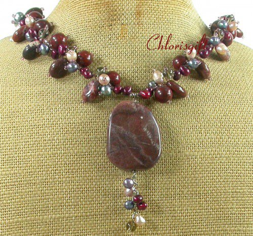 RED BROWN PICTURE JASPER FRESH WATER PEARL NECKLACE