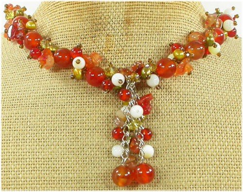 RED CARNELIAN & LACE AGATE & PEARL NECKLACE