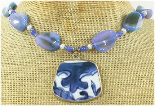 MING DYNASTY POTTERY SHARD BLUE AGATE PEARL NECKLACE