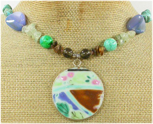 MING DYNASTY POTTERY SHARD & TURQUOISE & AGATE NECKLACE